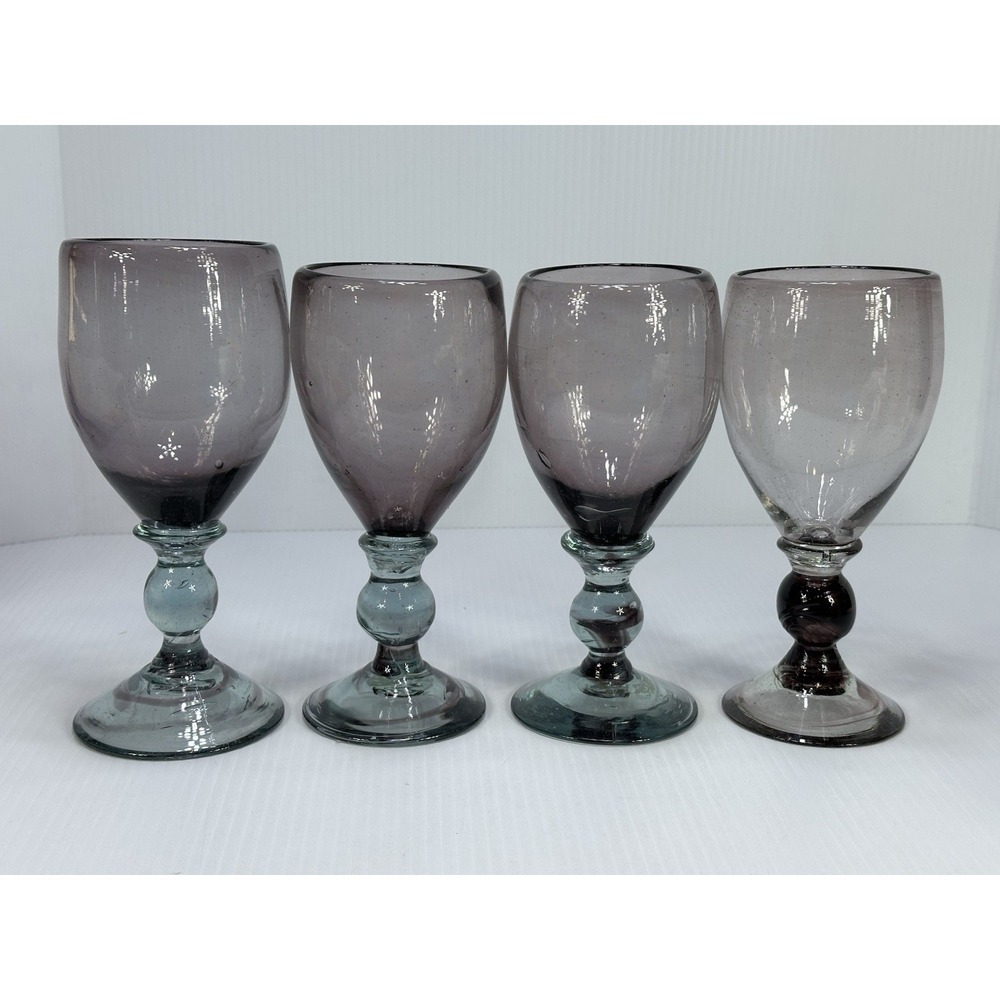 4 Amethyst Aqua Blue Heavy Goblet Handblown Mexican Glass Bubbles‎ Swirl Foot